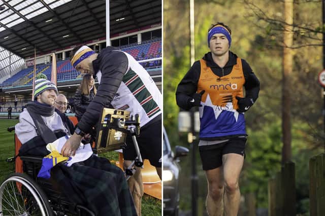 Leeds Rhinos legends Rob Burrow and Kevin Sinfield, pictured left, and, right, Sinfield during one of his marathon challenges.
