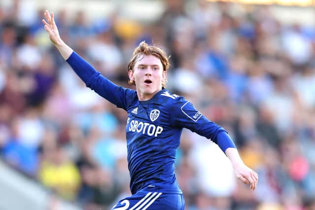 YORK, ENGLAND - JULY 07: Sean McGurk of Leeds United reacts during the Pre-Season Friendly between Leeds United and Blackpool at LNER Community Stadium on July 07, 2022 in York, England. (Photo by George Wood/Getty Images)