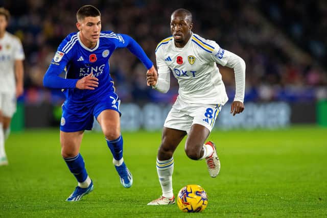 BEST YET: From Leeds United midfielder Glen Kamara, right, pictured being chased by Leicester City's Ceasare Casadei in Friday night's Championship clash at the King Power. Picture by Bruce Rollinson.