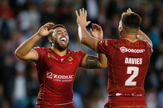 The French side are top of the table, but second-favourites to win at Old Trafford, at 11/4.
(Picture: Matt Ikuvalu and Tom Davies celebrate Catalans' win at Wigan.)