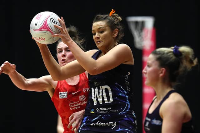 WAKNia Jones of Severn Stars is challenged by Lynsey Gallagher of Strathclyde Sirens during the Vitality Netball Superleague match between Strathclyde Sirens and Severn Stars at Studio 001 on February 13, 2021 in Wakefield (Picture: Jan Kruger/Getty Images for Vitality Netball Superleague)