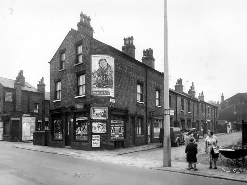 Sheepscar Avenue from Sheepscar Street in May 1958. To the left is the end of Back Rae Street, then moving right, a grocers shop, business of William Massey, on Sheepscar Street. Sheepscar Avenue is to the right.