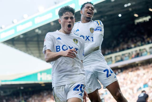 ADVANTAGE: Dan James celebrates putting Leeds United in front against Bristol City following a cross from Georginio Rutter, back. Picture by Bruce Rollinson.