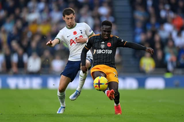 PRAISE: From Whites head coach Jesse Marsch for Leeds United's 19-year-old Italian international forward Willy Gnonto, front, pictured being challenged by Ben Davies during Saturday's Premier League clash at Tottenham Hotspur. Photo by Justin Setterfield/Getty Images.