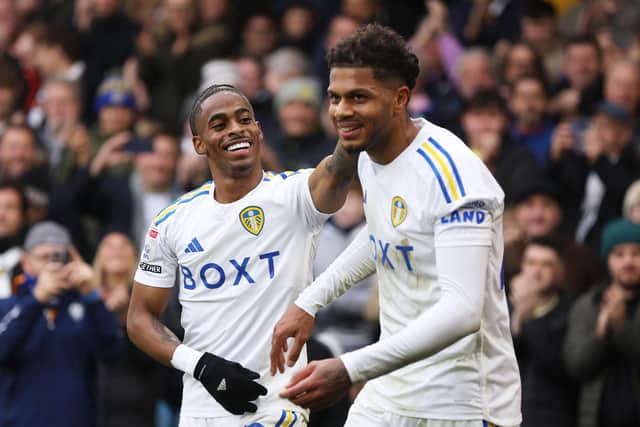 STAR MEN - Crysencio Summerville of Leeds United celebrates with teammate Georginio Rutter after scoring the team's fourth goal during the Championship match between Leeds United and Huddersfield Town at Elland Road. Pic: George Wood/Getty Images.