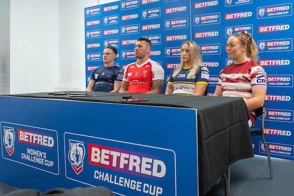 Players from Sunday's Challenge Cup semi-final teams took part in a press conference at Headingley on Tuesday. From left-right: Wigan's Jai Field, Hull KR's Shaun Kenny-Dowall, Leeds's Caitlin Beevers and Mary Coleman, of Wigan. Picture by Allan McKenzie/SWpix.com.