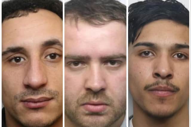 (from left) Ashton Sutton-Barrow, Alex Stoain and Xhesian Miminin were among those sentenced at Leeds Crown Court this week