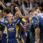 Rob Burrow celebrates Leeds Rhinos first Grand Final win, against Bradford Bulls at Old Trafford in October, 2004. Picture by Steve Riding.
