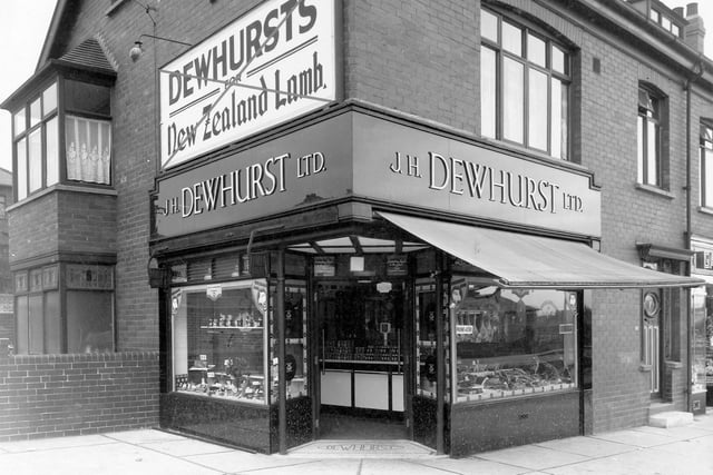 Butchers JH Dewhurst Ltd on Easterly Road pictured in April 1938. An illegal sign has been marked out on photo.