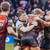 Bailey Aldridge, left, in action for Hunslet against Salford last Sunday, alongside teammate Harrison Gilmore. Picture by Nathan Robinson/Hunslet RLFC.