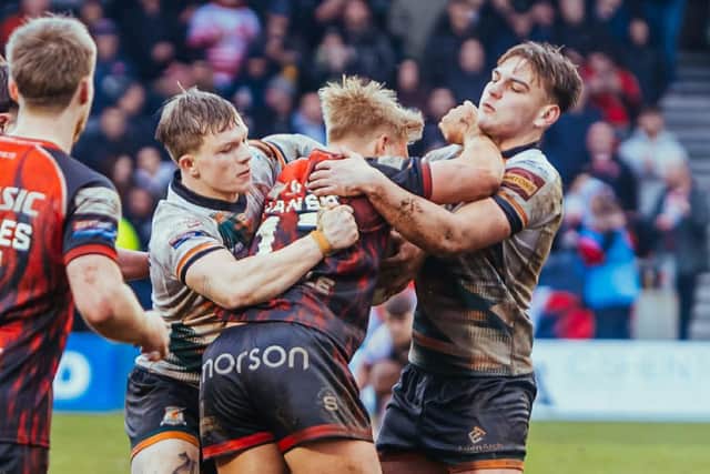Bailey Aldridge, left, in action for Hunslet against Salford last Sunday, alongside teammate Harrison Gilmore. Picture by Nathan Robinson/Hunslet RLFC.