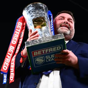 Wakefield Trinity owner Matt Ellis with the Super League Trophy. Picture by Olly Hassell/SWpix.com.