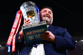 Wakefield Trinity owner Matt Ellis with the Super League Trophy. Picture by Olly Hassell/SWpix.com.
