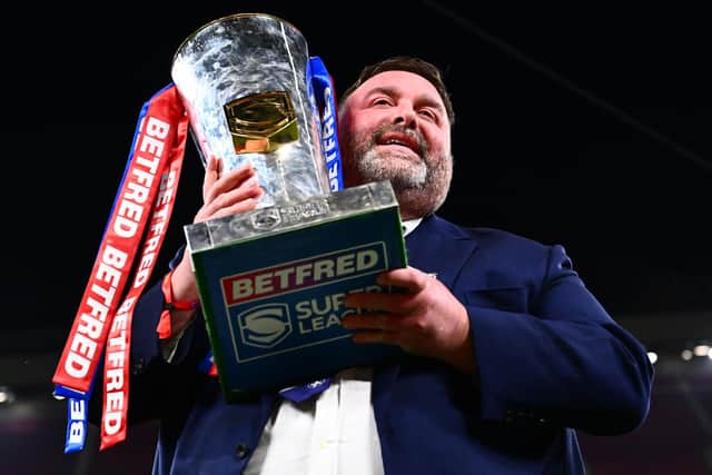 Wakefield Trinity owner Matt Ellis with the Super League Trophy. Picture by Olly Hassell/SWpix.com.