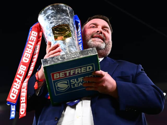 Wakefield Trinity owner Matt Ellis with the Super League Trophy. Picture by Olly Hassell/SWpix.com.