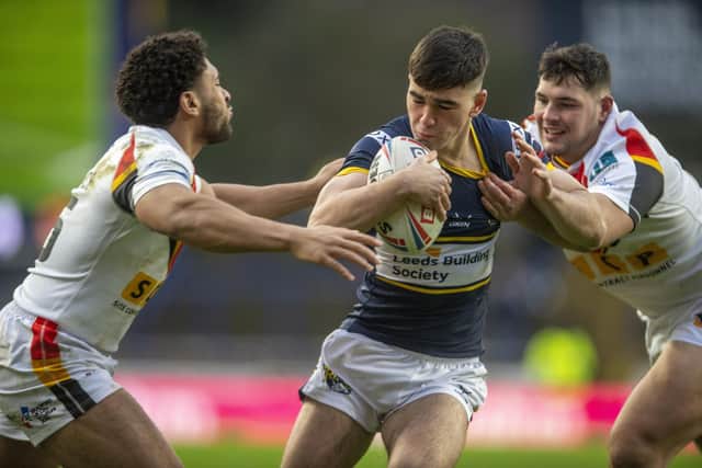 Jack Sinfield in pre-season action for Rhinos against Bradford Bulls. Picture by Tony Johnson.
