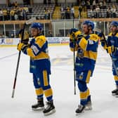 YOUNG GUNS: Defensive trio Dylan Hehir (left), Josh Hodgkinson (second left) and Bailey Perre (second right) are making good progress in their first full seasons at NIHL National level. Picture: Oliver Portamento.