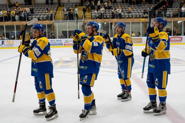 YOUNG GUNS: Defensive trio Dylan Hehir (left), Josh Hodgkinson (second left) and Bailey Perre (second right) are making good progress in their first full seasons at NIHL National level. Picture: Oliver Portamento.