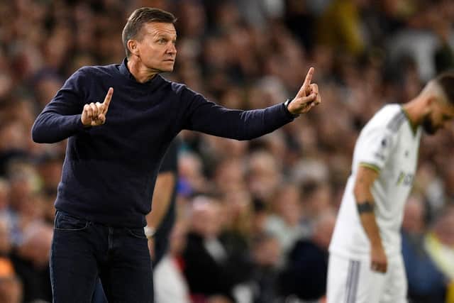 Leeds United's US head coach Jesse Marsch reacts during the English Premier League football match between Leeds United and Everton at Elland Road in Leeds, northern England on August 30, 2022.