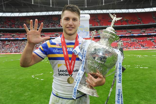 Tom Briscoe celebrates his five tries at Wembley in 2015. Picture by Steve Riding.
