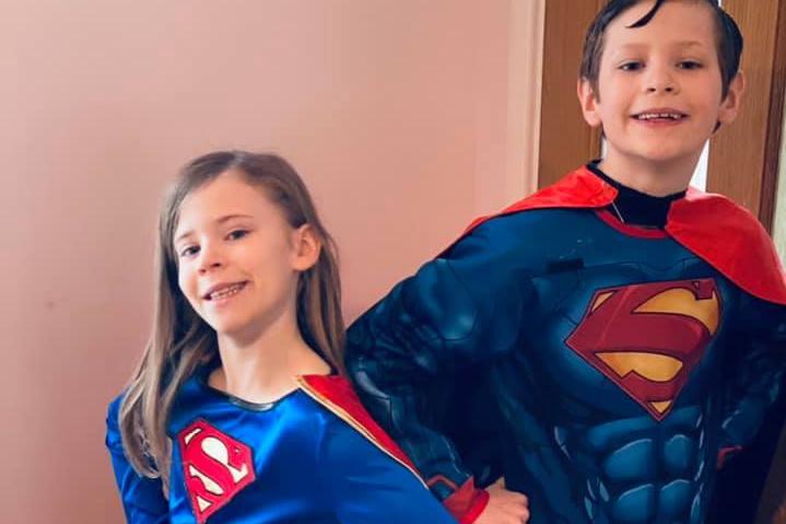 Jack and Lola-Rosina, pupils at Edwinstowe's King Edwin Primary School, prepare for superhero day. Photo shared by Kirsty Donson.