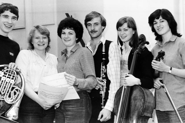 The City of Leeds College of Music Symphony Orchestra staged a concert of popular music at Leeds Town Hall in June 1981.  Soloists at rehearsal, from left, are Paul Gardham,, Janice Close, Rosemary Hay, Neil Atkinson and Sarah Lyle.