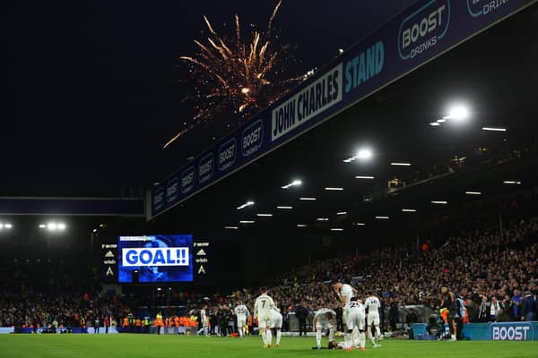 FIREWORKS: On and off the pitch as Leeds United fought back from 3-1 down to seal a 4-3 triumph against Saturday's Premier League visitors Bournemouth at Elland Road. 
Photo by Marc Atkins/Getty Images.