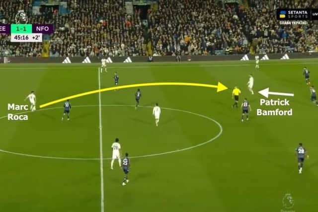Similarly, Roca identifies Bamford dropping off Forest defender Felipe and immediately fires a pass into the striker's feet. This passage of play occurred in the build-up to Leeds' second goal (Pic: InStat)