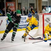 NOT QUITE THERE: Bow Neely (second left) and Bailey Perre (right) try to stop Basingstoke's Liam Morris getting a shot on Sam Gospel's net. Picture: Ben Gordon/Knights Media.