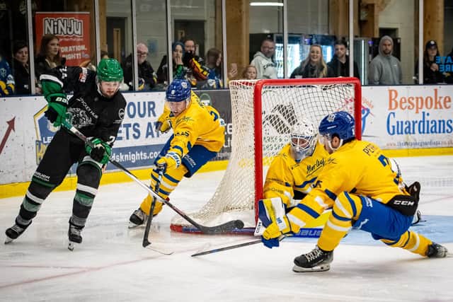 NOT QUITE THERE: Bow Neely (second left) and Bailey Perre (right) try to stop Basingstoke's Liam Morris getting a shot on Sam Gospel's net. Picture: Ben Gordon/Knights Media.