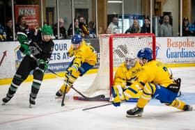 NOT QUITE THERE: Bow Neely (second left) and Bailey Perre (right) try to stop Basingstoke's Liam Morris getting a shot on Sam Gospel's net. Picture: Ben Gordon/Knights Media.