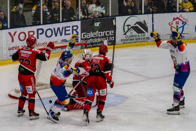 GETTING AHEAD: Kieran Brown celebrates tipping in from Owen Sobchak to make it 3-2 to Leeds against Swindon on Friday night. Picture: Alistair How/Knights Media.