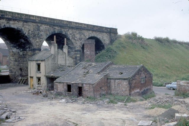 Churwell Viaduct and former gasworks in July 1968. The derelict buildings between Elland Road and Old Road were the premises of the Churwell Gas Company which opened in 1854 and supplied gas for housing and lighting.