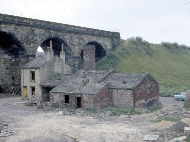 Churwell Viaduct and former gasworks in July 1968. The derelict buildings between Elland Road and Old Road were the premises of the Churwell Gas Company which opened in 1854 and supplied gas for housing and lighting.