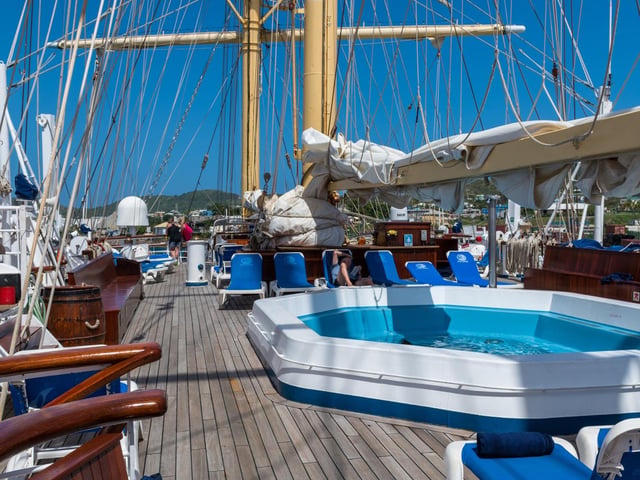 The deck, complete with a swimming pool