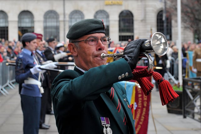 Pictured is bugler Craig Rosser at today's Remembrance Day parade and service at The War Memorial.