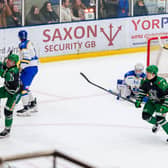 DECIDER: Brendan Sellan (left) celebrates his overtime winner against Leeds. Picture: Kev Bland/Knights Media.