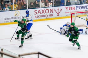 DECIDER: Brendan Sellan (left) celebrates his overtime winner against Leeds. Picture: Kev Bland/Knights Media.