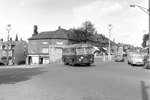 Single deck, AEC Reliance/Roe 32 bus, registration no TUA 32. Route no 45 Wortley via Meanwood, Headingley and Kirkstall. This is the junction of Stonegate Road in the centre to the right Green Road coming in on the left. Monk Bridge Road is on the foreground, coming up to Stonegate Road. Pictured in August 1959.