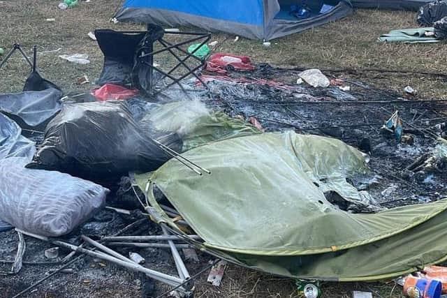 A festivalgoer shared this picture of the charred remains of a tent at the Bramham Park site.