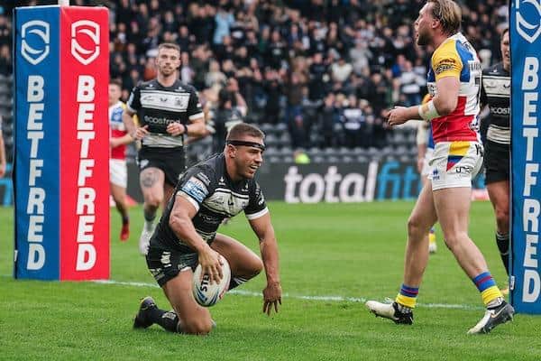Matty Russell celebrates scoring on his loan debut for Hull FC against London Broncos in March.Picture by Alex Whitehead/SWpix.com.