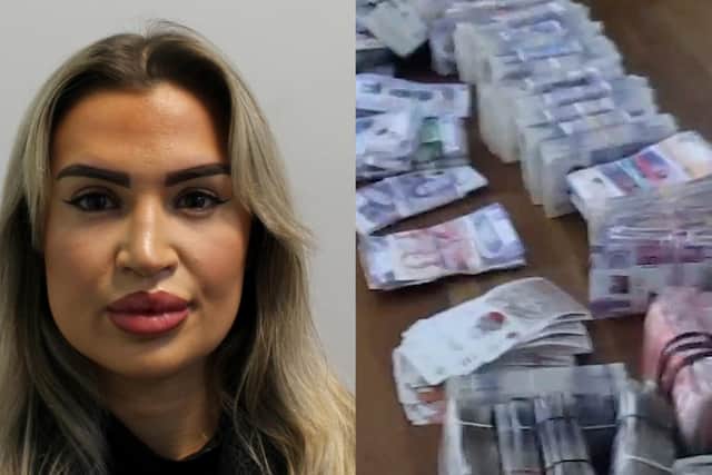 Custody image of Beatrice Auty, 26, from London, and some of the money seized (Photo: NCA)