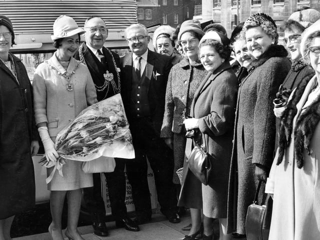 The Lord Mayor of Leeds, Alderman Joshua S. Walsh, with the Lady Mayoress, outside Leeds Civic Hall for the presentation of a caravan by the Co-op Women's Guild in April 1967.