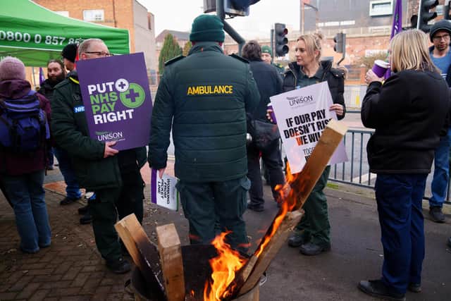 Ambulance workers on the picket line outside Leeds Ambulance Station in Leeds (Photo: Jon Super/PA Wire)