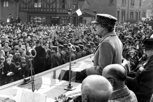 Princess Royal as she addresses the crowds outside the council offices on Marsh Street in  April 1944. Also pictured are E. F. Moorhouse, Coun W.E. Moorhouse, Sir William Cartwright. It was taken during Salute the Solider Week.