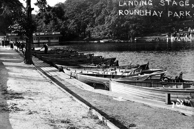 The landing stage where rowing boats are moored on Waterloo Lake in Roundhay Park. The Boathouse, dating from 1902, can be seen in the background left.