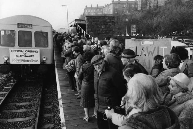 All aboard. The Santa Claus special pulls into Slaithwaite station on its inaugural journey to Leeds in December 1982.