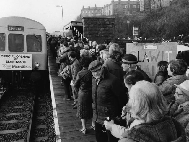 All aboard. The Santa Claus special pulls into Slaithwaite station on its inaugural journey to Leeds in December 1982.