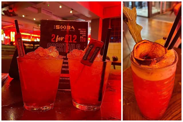 Drinks from Bar Soba, on Greek Street, including two drumstick caipirovska and one Jangshi Zombie.