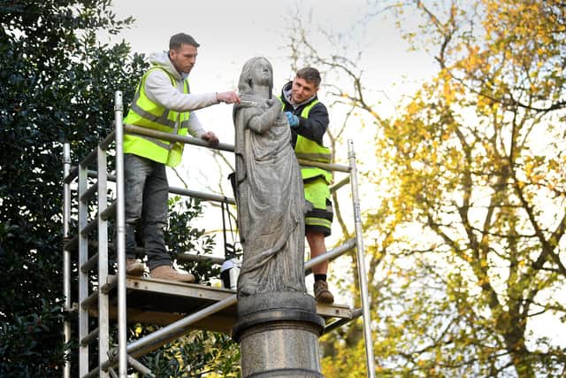 Restoration of the Yewdall Angel in the grounds of Bramley Baptist, Hough Lane, Bramley. Picture taken by Yorkshire Post Photographer Simon Hulme